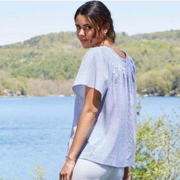 Striped Short Sleeve Smocked Yoke Top XS - Picture 6 of 8